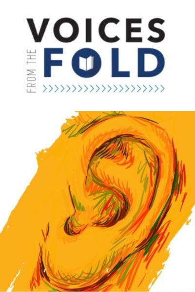 This reads "Voices From the FOLD" (the Festival of Literary Diversity) across the top, with an orange sketch of an ear underneath.